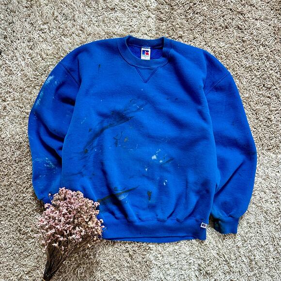 90s Vintage Russell Athletic Blue Sweatshirt Blank Oversized Painted Mens XL - Picture 1 of 10